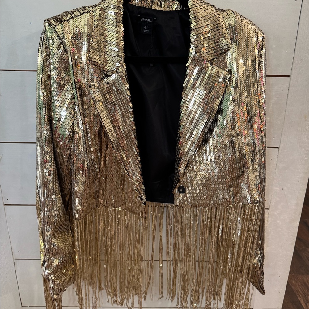 NastyGal Gold Sequin Fringe Blazer